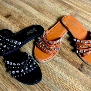 Two Pairs of Brash Faux Leather Rhinestone Slide Sandals Black:Tan - Womens 7.5